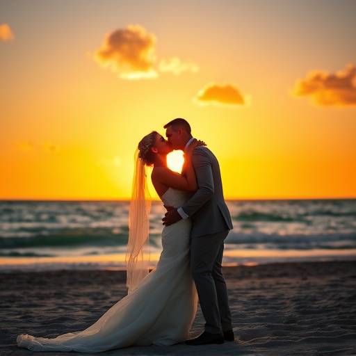 A bride and groom sharing a kiss on a Miami beach at sunset, showcasing the romantic and timeless style of Stellaris Studios' wedding photography