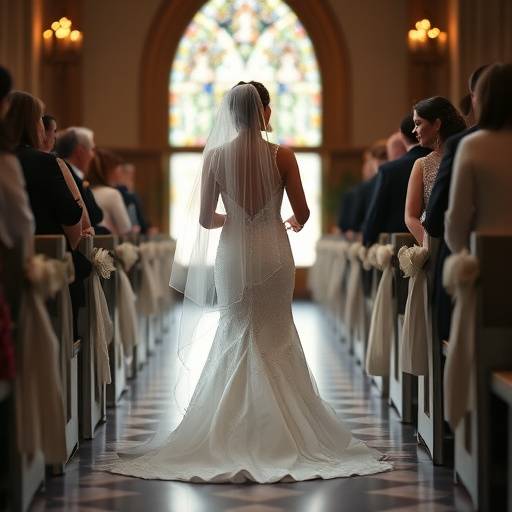 A bride walking down the aisle, with a focus on her dress and veil