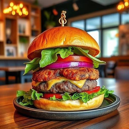 A brightly lit photograph of a gourmet burger on a wooden table in a Miami restaurant, showcasing Stellaris Studios' ability to capture appetizing food photography