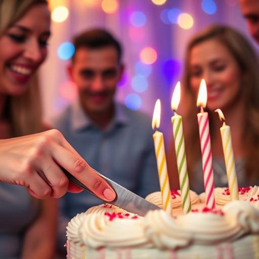 A close-up shot of a cake cutting ceremony at a birthday celebration