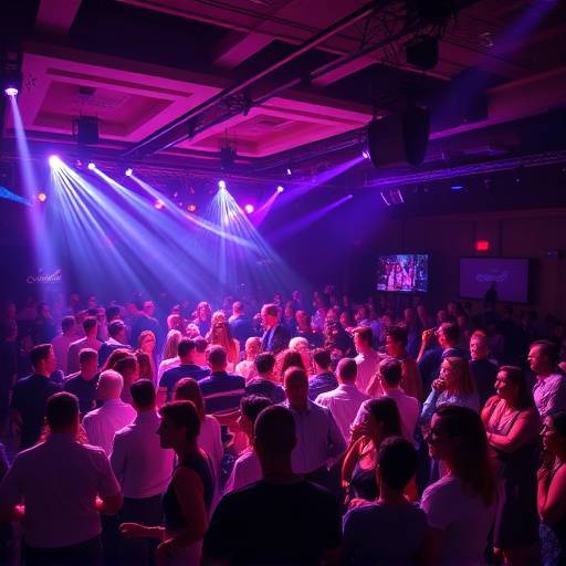 A crowded dance floor at a corporate event, with dynamic lighting effects