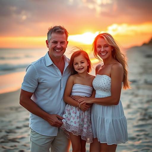 A family portrait taken during the golden hour at a beach, with soft, warm light