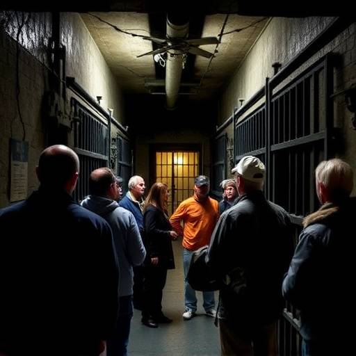 A group of tourists inside a cell at Alcatraz Island, listening to a tour guide.