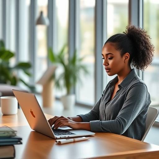 A lifestyle shot of a model using a laptop in a modern office space