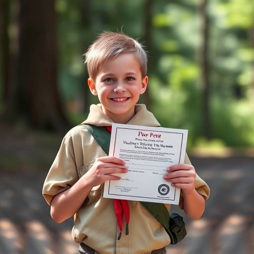 A scout holding a permit in front of a location