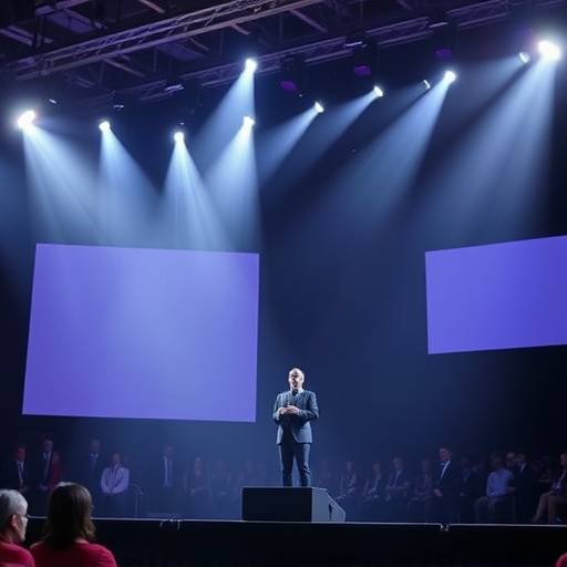 A speaker on stage at a conference, delivering a keynote address