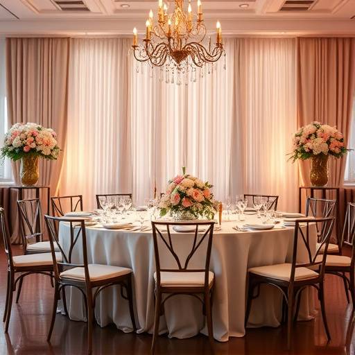A table setting at a wedding reception, with elegant floral arrangements and decorations