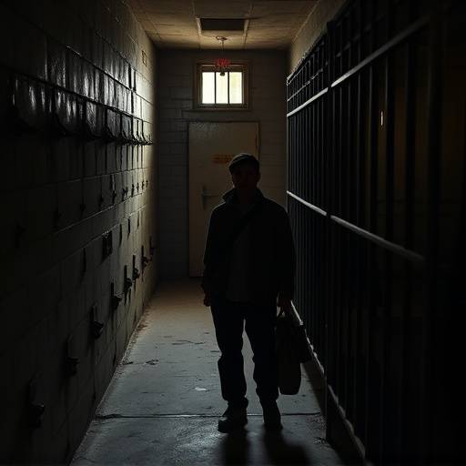 A tourist exploring a solitary confinement cell at Eastern State Penitentiary.