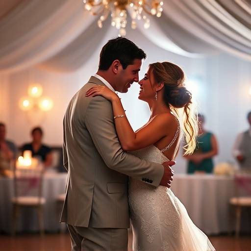 Candid shot of a couple dancing at their wedding in Miami, bathed in soft light