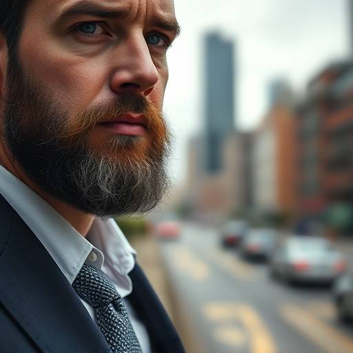 Close-up portrait of a man with a beard in a suit, against a blurred urban background