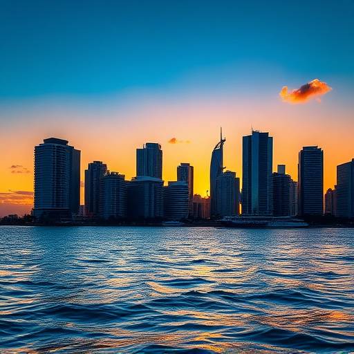 Miami skyline at sunset, photographed from the water