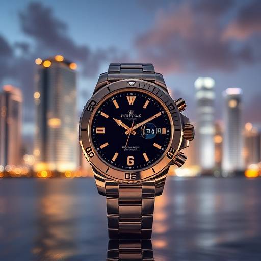 Product shot of a luxury watch with a Miami backdrop, showcasing elegance