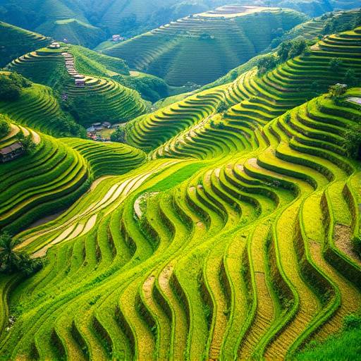 Serene rice terraces of Bali, Indonesia, with lush greenery and intricate irrigation systems