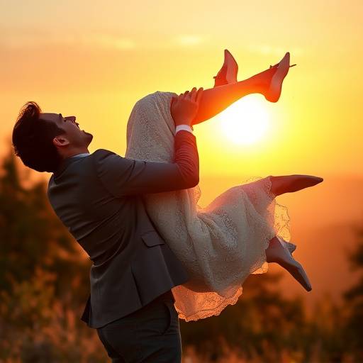 The groom lifting the bride in his arms after the ceremony, set against a scenic backdrop